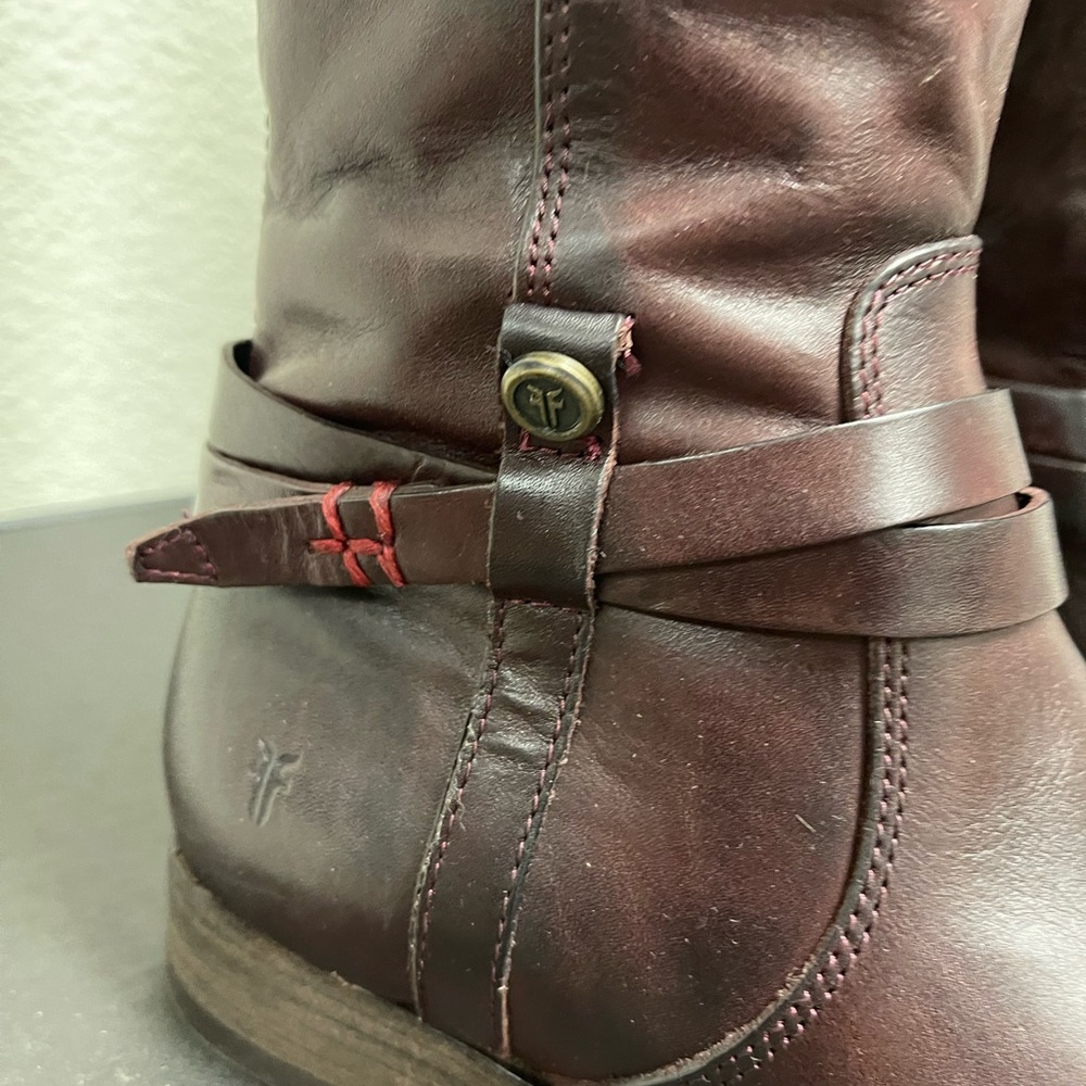 Frye Leather Belted Medium Calf Tall Boots - Melissa in Plum - Picture 7 of 9